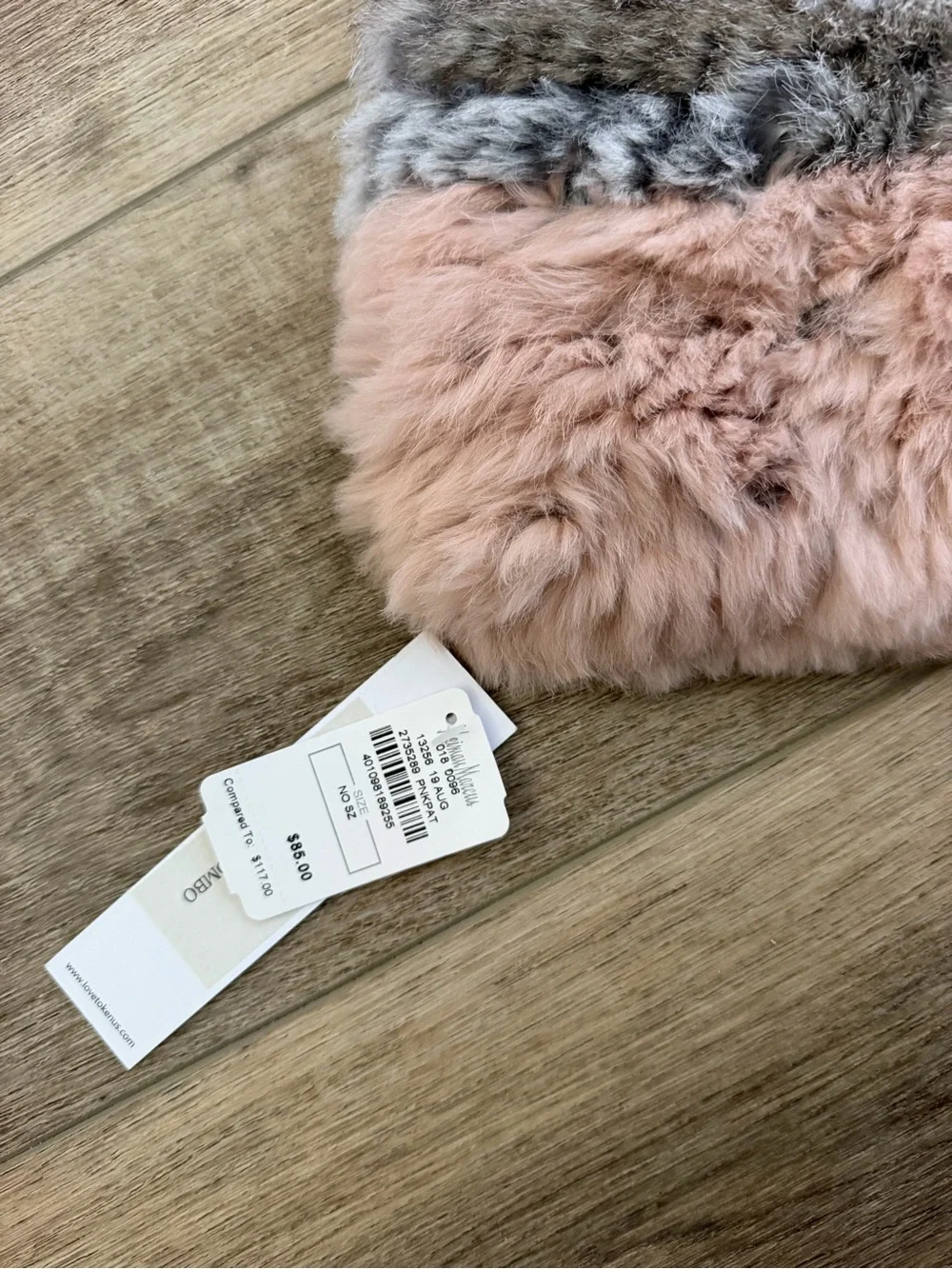 Love Token NWT Blush Pink Gray Rabbit Fur Pom Pom Beanie Hat One Size